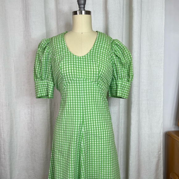 Vintage 70s Green Gingham Maxi Dress Puff Sleeves Medium - Picture 3 of 6